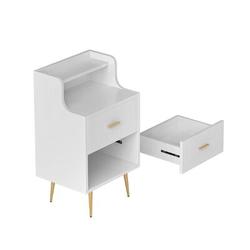 Mercer41 White Nightstand, Modern, Bedside Table w/ 2 Drawers & Open Shelf, End Table w/ Golden Metal Legs Bedroom Nightstand Wood | Wayfair