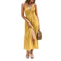 BerryGo Women's Embroidery Pearl Button Down Dress V Neck Spaghetti Strap Maxi Dress, Yellow, 4-6