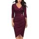 3D ping Women's 3/4 Sleeve V-Neck Pleated Office Pencil Dress Evening Dress Cocktail Party Bodycon Sheath Dress (Medium,Red Wine,M)