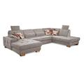 CAVADORE Wohnlandschaft Puccino mit Federkern, Bettfunktion, Bettkasten, Sitztiefenverstellung und 2 Kopfstützen / Sofa in U-Form im Landhausstil / 340 x 86 x 224 cm / Mikrofaser Hellgrau