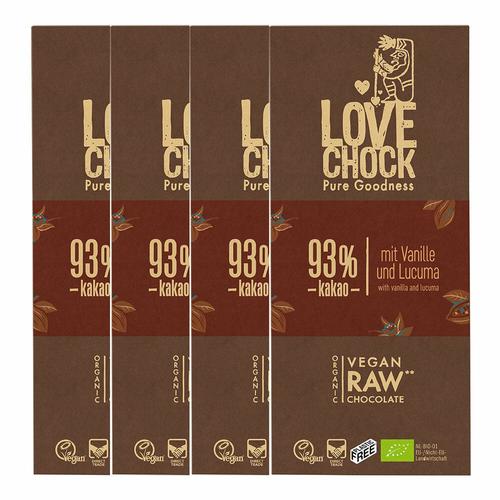 Lovechock Bio rohe Schokolade, 93 % Kakao, Tafel 4x70 g Schokolade