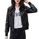 DISSA Women's Black Faux Leather Bomber Jacket Short Fitted Zipper Jacket Stand Collar Spring and Autumn Coat,P5816,S