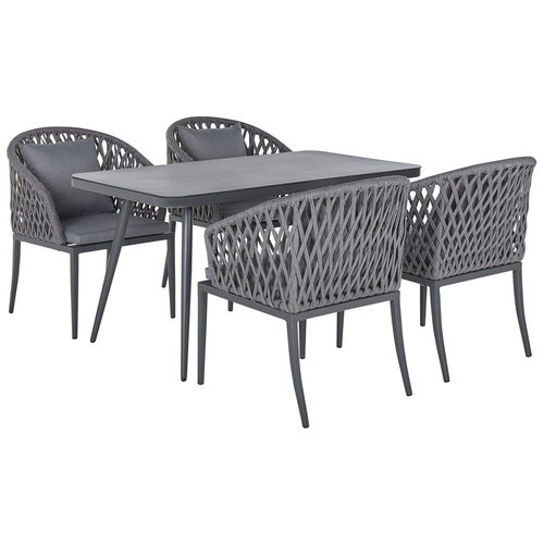 Gartenmöbel Set Grau Aluminium Tisch 140x80 rechteckig in Steinoptik 4 Stühle mit Armlehnen Auflagen Flechtseil Terrasse Outdoor Möbel