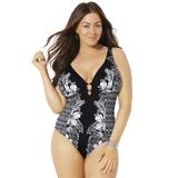 Plus Size Women's V-Neck Ring One Piece Swimsuit by Swimsuits For All in Engineered Floral (Size 8)