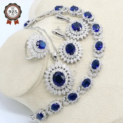 Ensemble de bijoux pour femmes en topaze de saphir bleu naturel Zircon blanc argent 925 boucles