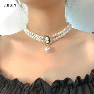 SHIXIN – collier ras du cou en perles blanches pour femmes, bijoux de mariage, ras du cou