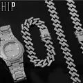 Hip Hop 15MM collier + montre + Bracelet Bling glacé Miami Zircon cubain Pave strass hommes Bracelet