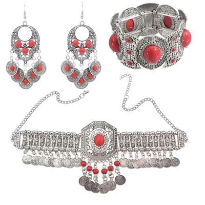 Ensemble de bijoux tribaux turcs pour femmes collier gitane bracelet boucles d'oreilles pompon