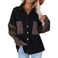 Reukree Womens Leopard Contrast Denim Jackets Oversized Long Sleeve Button Down Pockets Autumn Jean Jacket Coats Black Small