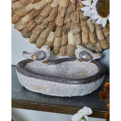 Gray Polystone Indoor Outdoor Bird Decorative Garden Sculpture with Bath Bowl