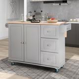 Sophia & William Kitchen Island Cart with Drop-Leaf and Rubber Wood Top, Rolling Kitchen Trolley Cart with Large Storage Cabinet