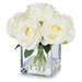 Enova Home 7 Stems Large Artificial Silk Roses Fake Flowers Arrangement in Cube Glass Vase for Home Office Wedding Decoration