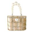 Synthetic Pearl Top-Handle Women Metal Bucket Bag Crystal Evening Purses and Clutches Formal Wedding Handbags, Gold, M