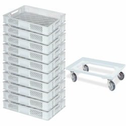BRB 10 Euroboxen / Bäckerkiste, LxBxH 600x400x90 mm, weiß + Transportroller Image