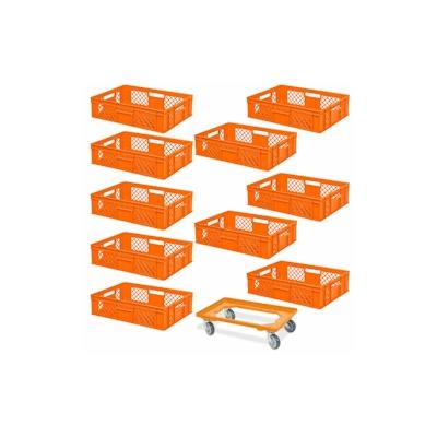 10 Euroboxen, 600x400x150 mm, lebensmittelecht, orange + Transportroller orange