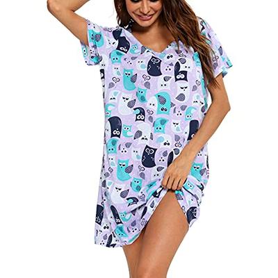 ENJOYNIGHT Womens Cotton Sleepwear Short Sleeves Print Sleepshirt Sleep Tee 