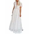 BLENCOT Womens Wedding Guest Dresses White Embroidery Floral Lace V Neck Short Sleeve Bridesmaid Wedding Party Dress 22