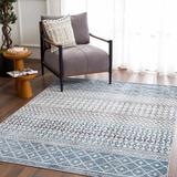 Southglenn 6'7" Round Washable Moroccan Black/Blue/Gray/Ink Blue/Light Beige/Light Gray/Teal/Peach Washable Area Rug - Hauteloom