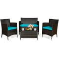 Costway 4 Pieces Comfortable Outdoor Rattan Sofa Set with Glass Coffee Table-Turquoise