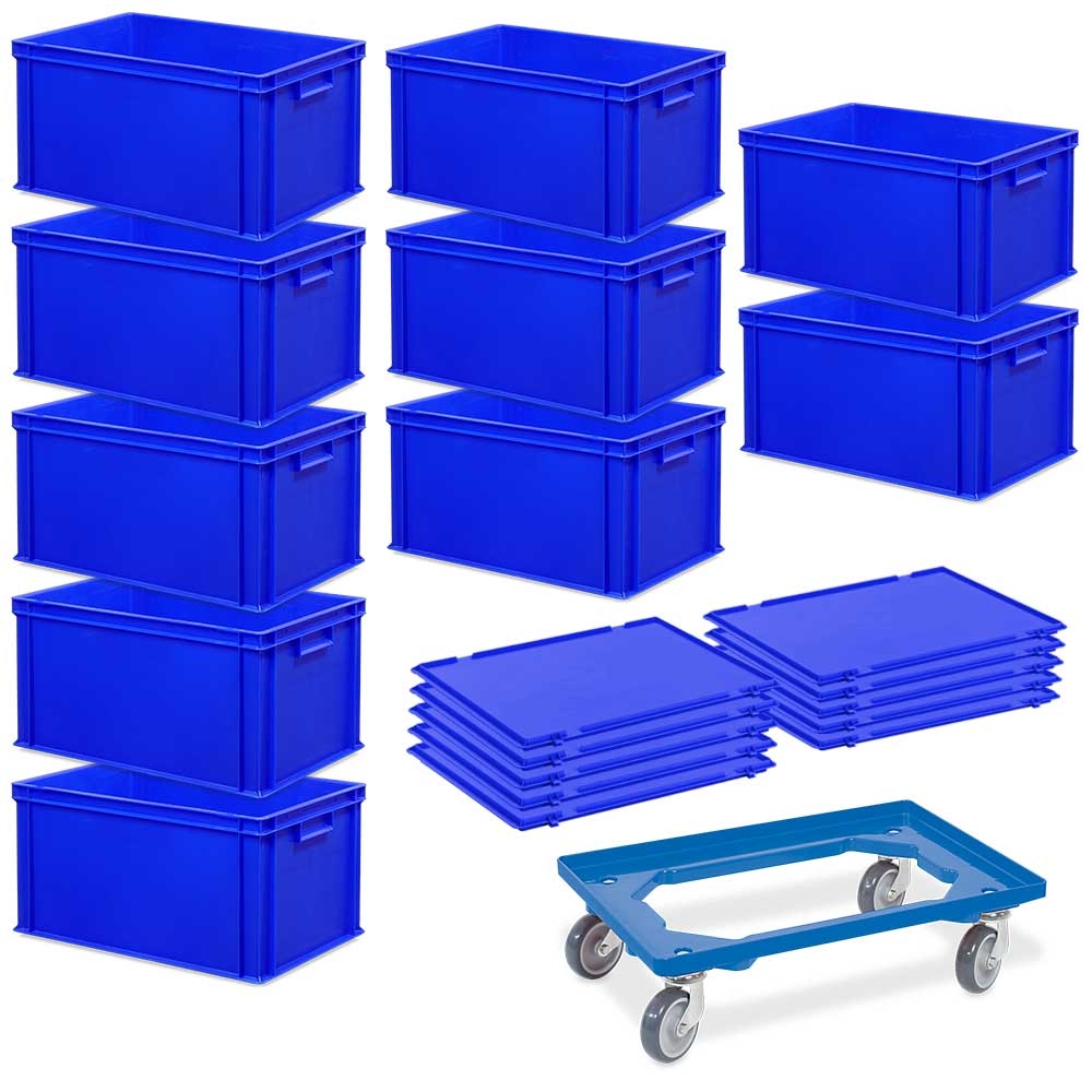 BRB 10 Euroboxen, LxBxH 600x400x320 mm + 10 Scharnierdeckel + 1 Transportroller, blau Image