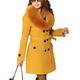 Women Double-Breasted Slim Trench Coat Faux Fur Collar Mid Long Woolen Coat Windbreaker Yellow