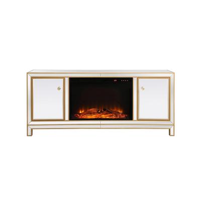 Reflexion 60 in. mirrored tv stand with wood fireplace in gold - Elegant Lighting MF701G-F1
