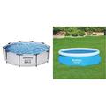 Bestway - Schwimmbad Steel Pro - 305x76 cm - Rund - 4.678L - Grau & Flowclear Solarabdeckplane Ø 289 cm, für runde 305 cm Aufstellpools, blau