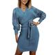 AUBIG Women's Side Split Dress Solid Color Ribbed Knitted Dress Elegant Tie Up Slim Jumper Sweater Dresses Casual Party Tunic Dress Blue L