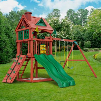 Gorilla Playsets Double Down II Wooden Swing Set with Dual Wave Slides - Redwood - 15.5 ft W x 13 ft D x 10.5 ft H