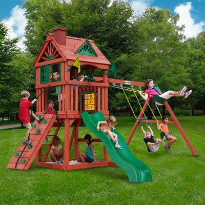 Gorilla Playsets Nantucket II Wood Swing Set with Wave Slide - Redwood - 15.5 ft W x 13 ft D x 10.5 ft H