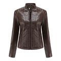 JINGXU New Casual Faux Leather Jacket Simple Trend Thin Coat Long Sleeve Motorcycle Women's Jacket,Coffee,M