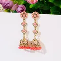 Boucles d'oreilles ethniques longues fleur rose Jhumka pour femmes boucles d'oreilles indiennes