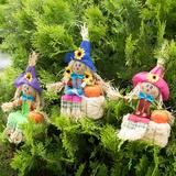 The Holiday Aisle® Outdoor Fall Decor Halloween Scarecrow For Garden Ornament Sitting On Hay Bale, Straw Multicolor, Set Of 3, 12 In | Wayfair