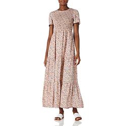 Amazon Brand - find. Women's Summer Casual Floral Print Party Maxi Dresses Short Sleeve Super Long Tiered Dress Pink
