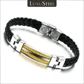 LUXUSTEEL-Bracelet Tressé en Cuir et Acier Inoxydable pour Homme Bijou Fait à la Main Bouton de