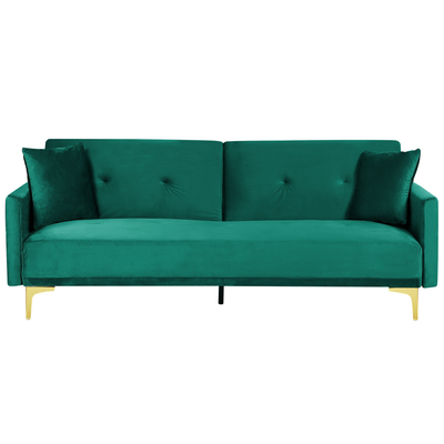 3-Sitzer Schlafsofa Smaragdgrün Samtbezug Gesteppt mit Goldenen Metallbeinen 2 Kissen Retro Klappsofa Wohnzimmer Sofa mi