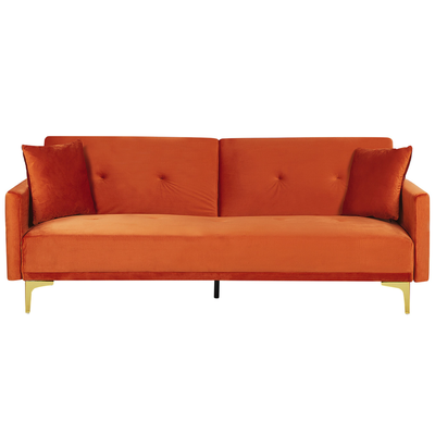 3-Sitzer Schlafsofa Orange Samtbezug Gesteppt mit Goldenen Metallbeinen 2 Kissen Retro Klappsofa Wohnzimmer Sofa mit Sch