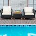 3 Pcs Outdoor Patio Rattan Furniture Set Wooden Table Top Cushioned Sofa - 29" x 27" x 28" (L x W x H)