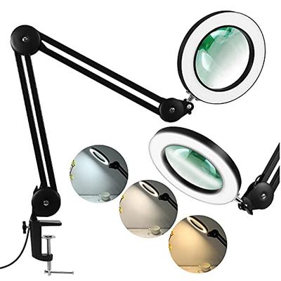 5X Magnifying Glass with Light, 3 Color Modes Stepless Dimmable 8-Diopter  Real Glass Lens Magnifier with Light Desk Lamp Clamp Swivel Arm for Crafts