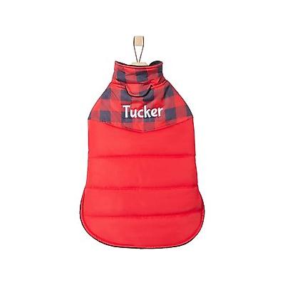 Frisco Personalized Boulder Plaid Insulated Dog & Cat Puffer Coat, Red, Medium