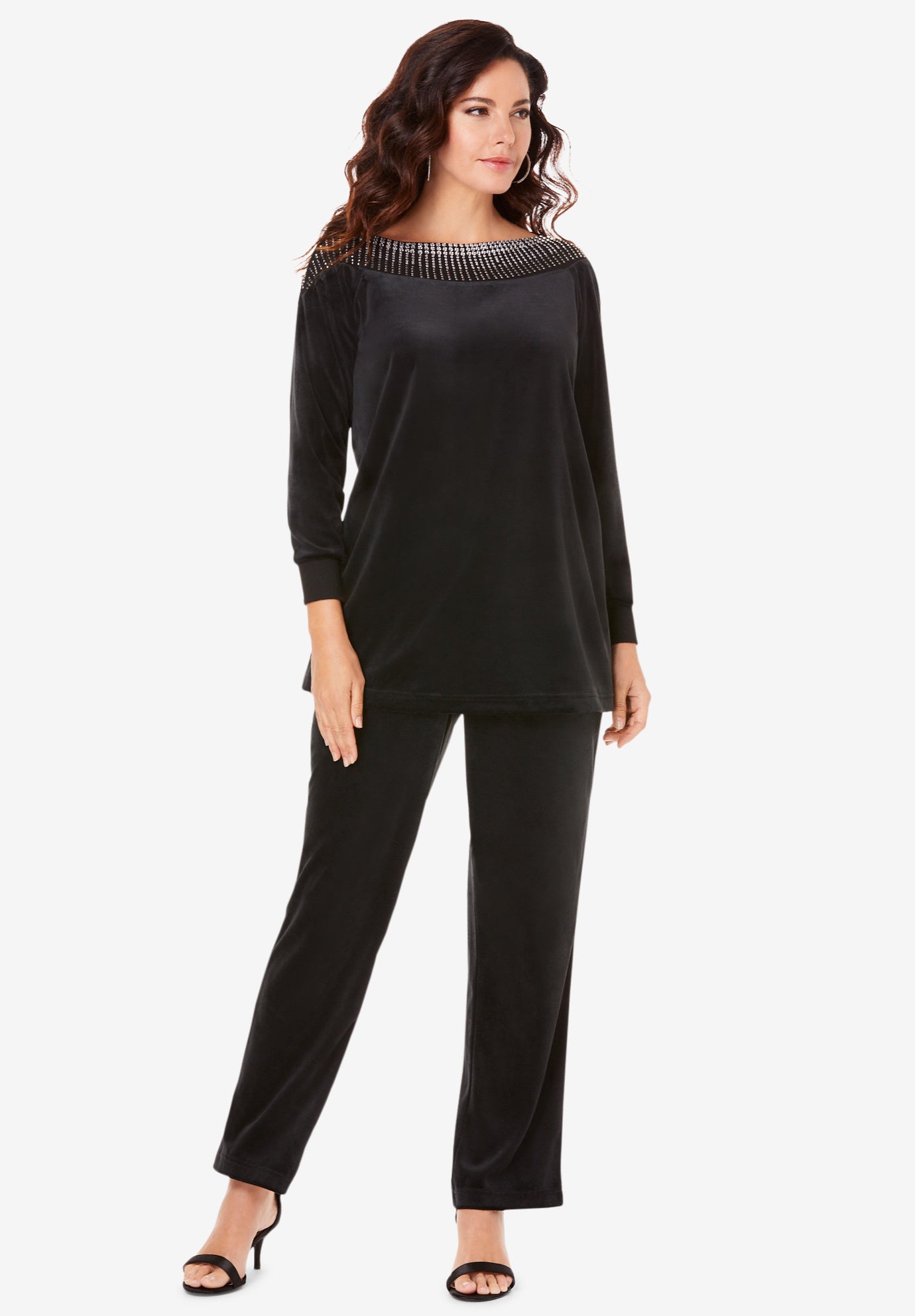 Plus Size Women's Rhinestone-Detailed Velour Set by Roaman's in Black (Size 18/20)