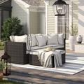 Wade Logan® Ayeh 84.5" Wide Outdoor Reversible Patio Sectional w/ Cushions Wicker/Rattan/Plastic in Pink/White/Brown | Wayfair