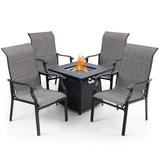 MFSTUDIO 5-Piece Outdoor Fire Pit Set, 28 Inch Square Propane Gas Fire Pit Table with 4 Padded Textilene Fabric Chairs