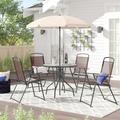 Wade Logan® Amlie Nantucket 6 Piece Patio Garden Set w/ Table, Umbrella & 4 Folding Chairs Glass/Metal in Brown | Wayfair