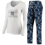 Women's Concepts Sport White/Navy New York Yankees Flagship Long Sleeve V-Neck T-Shirt & Pants Sleep Set