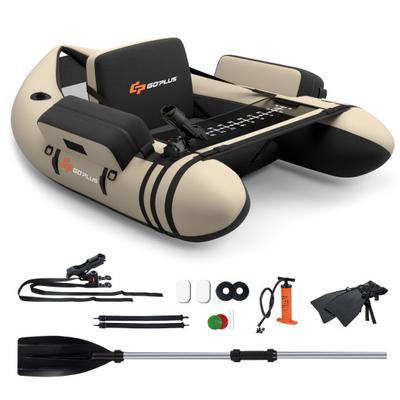 Costway Inflatable Fishing Float Tube with Pump Storage Pockets and Fish Ruler-Beige