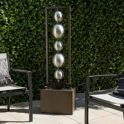 Alpine Corporation 55" Tall Outdoor Modern Column Fountain with Stainless Steel Orbs, Silver