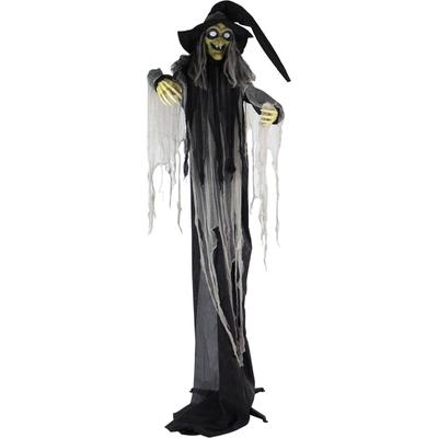 Haunted Hill Farm Life-Size Animatronic Witch, Indoor/Outdoor Halloween Decoration, Light-up White Eyes, Poseable