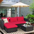 Latitude Run® 5pcs Cushioned Rattan Patio Conversation Set W/Coffee Table Ottoman Synthetic Wicker/All - Weather Wicker/Wicker/Rattan in Red | Wayfair