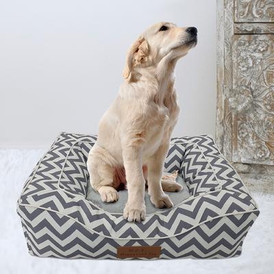 Chevron poly-cotton bolster with detachable faux fur cushion Medium Size by Happy Care Textiles in Grey